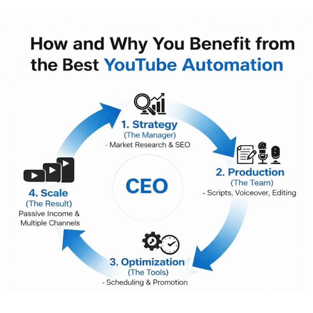 Infographic showing YouTube automation scalability: Strategy, Production, Optimization, and Scale for building a revenue-driven YouTube agency in 2026.