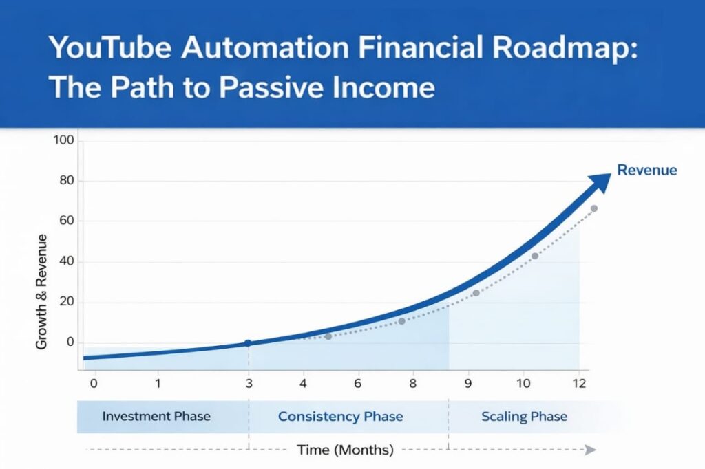 Financial roadmap graph for YouTube automation, showing an initial investment period followed by a break-even point and significant growth in revenue and scalability over time, illustrating the path to passive income