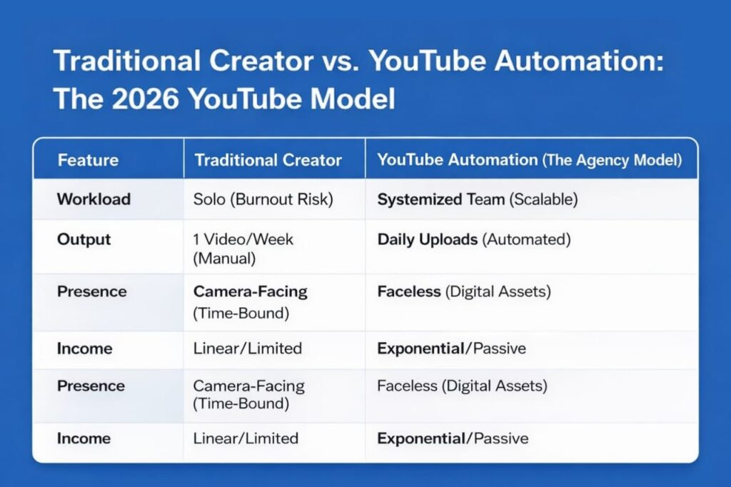 Comparison table contrasting traditional YouTube creators with the 2026 YouTube Automation agency model, highlighting differences in workload, output, presence, and income potential.