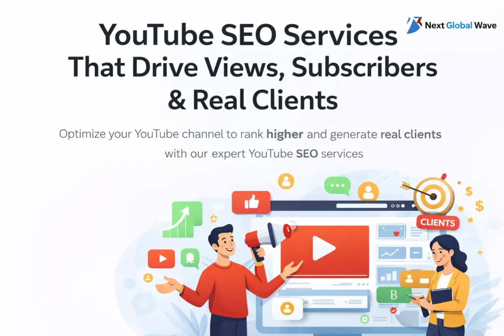 Illustration of YouTube SEO services showing video optimization, audience engagement, analytics growth, and client acquisition with Next Global Wave branding.