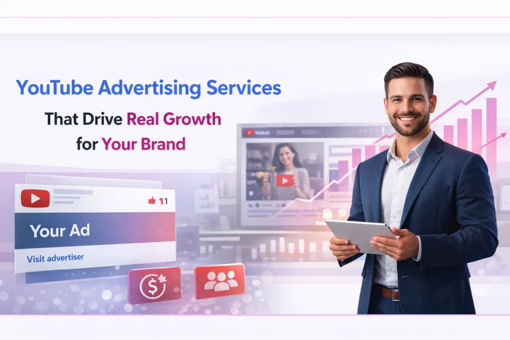 A businessman holding a tablet stands next to graphics promoting YouTube advertising services, showing ad engagement icons and upward-growth charts.