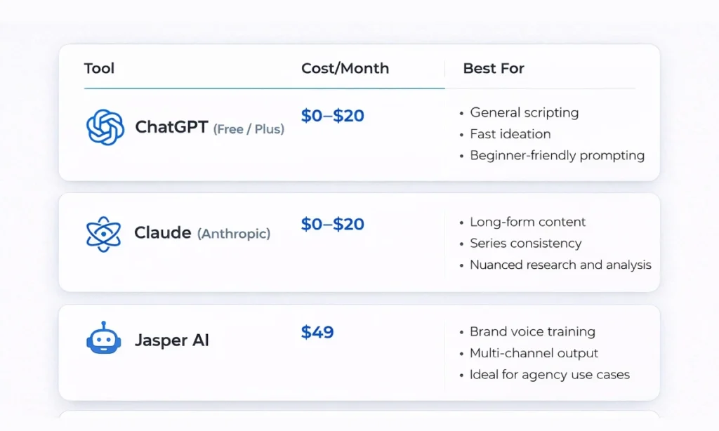 Essential AI Tools by Production Stage chatgpt, claude, jasper ai