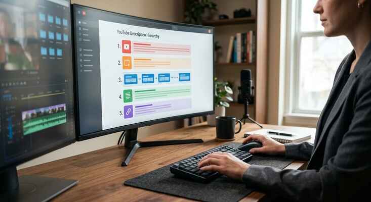 A photorealistic view of a digital marketing strategist's desk, where they are optimizing a structured YouTube description layout featuring graphical blocks for hook, CTA, chapters, body copy, and links.