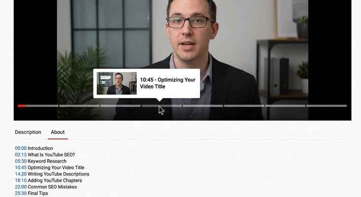 Example of YouTube video player progress bar divided into interactive chapter segments with hover preview titles.