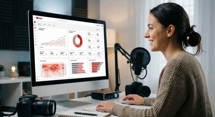 A content creator reviewing audience analytics and viewer demographics on a computer screen to measure content relevance and viewer satisfaction.