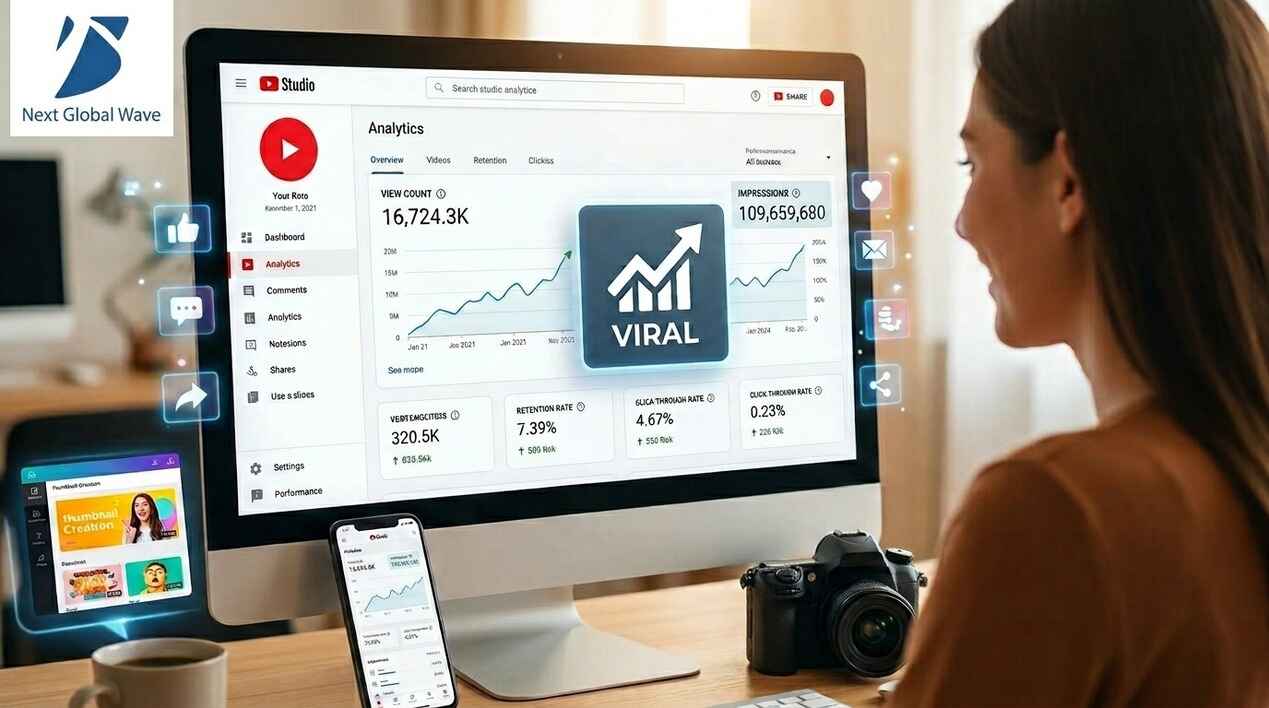 A digital content creator analyzing YouTube Studio analytics and metrics on a desktop monitor to optimize click-through rate, retention, and channel reach.