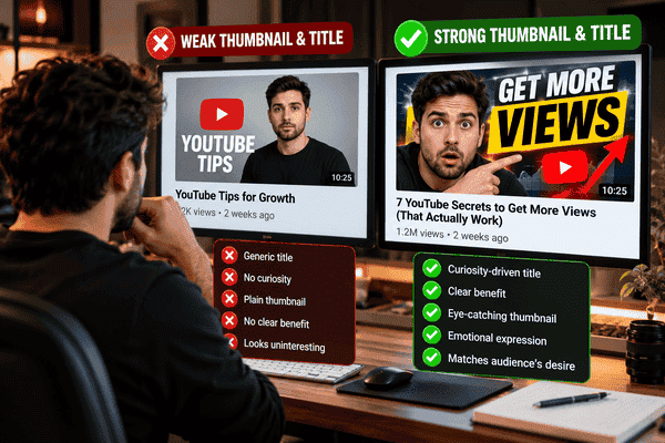 Side-by-side comparison of weak vs strong YouTube thumbnails and titles, showing how curiosity-driven branding and clear audience benefits increase video click-through rates.